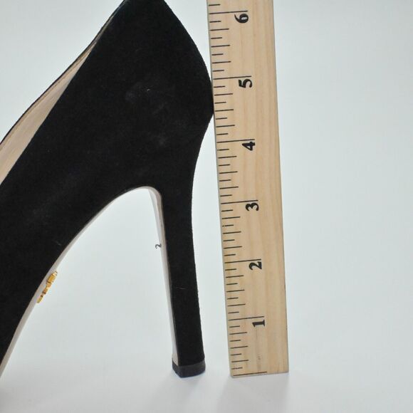PRADA Heels Womens Size 36 Calzature Black Suede Gold Hardware Bow Milan Square - Picture 11 of 13